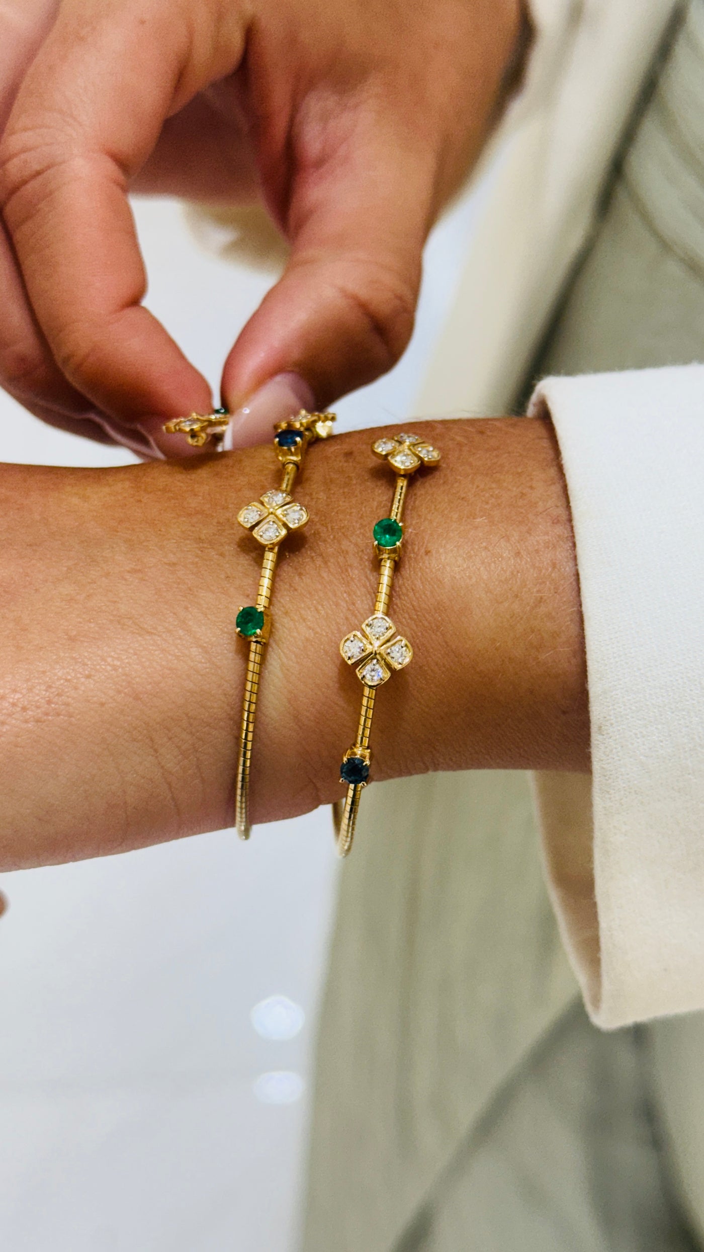Emerald, Blue Sapphire Round And Diamond Bangle In 18K Yellow Gold