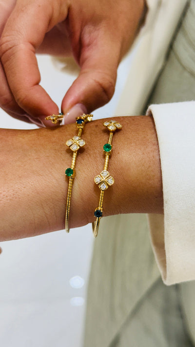 Emerald, Blue Sapphire Round And Diamond Bangle In 18K Yellow Gold