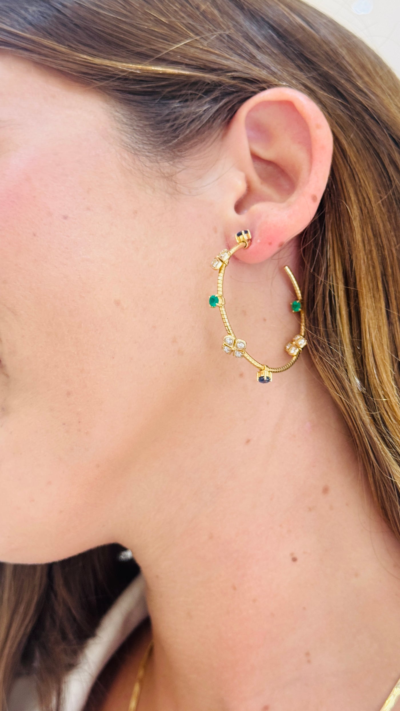 Emerald, Blue Sapphire Round And Diamond Hoop Earring In 18K Yellow Gold