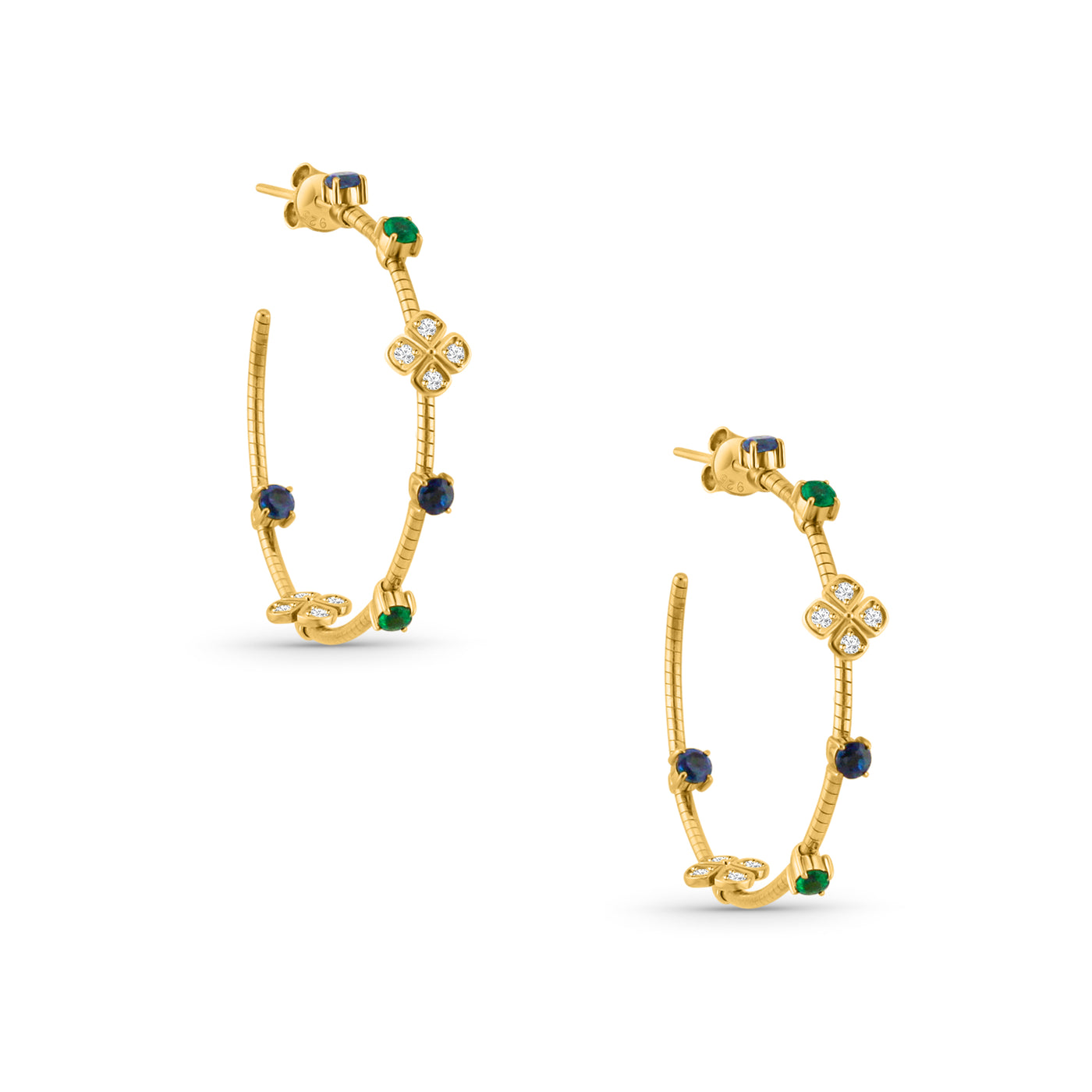Emerald, Blue Sapphire Round And Diamond Hoop Earring In 18K Yellow Gold