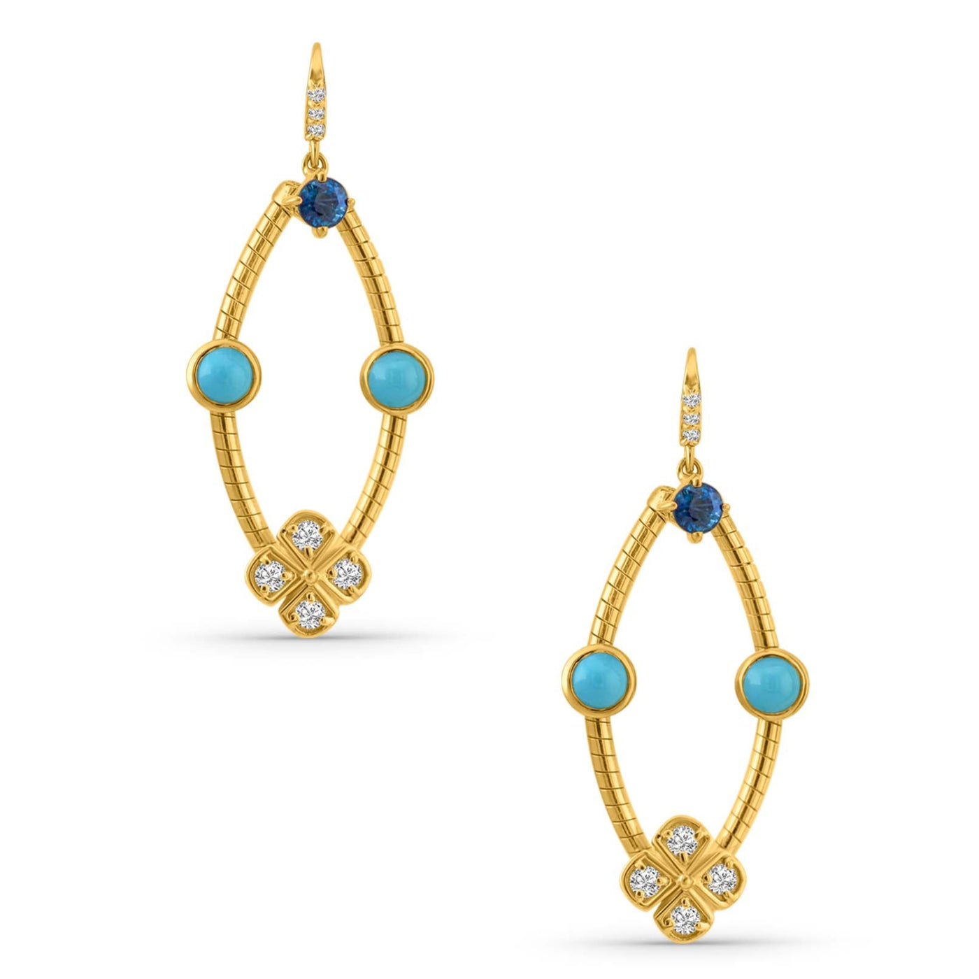 Turquoise, Blue Sapphire Round And Diamond Stud Earring in 18K Gold
