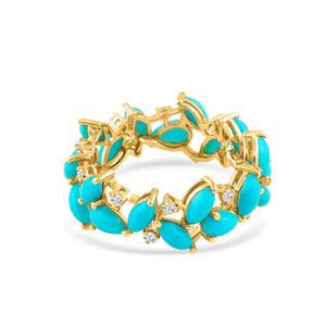 Gold bracelet with turquoise stones on a white background 18K gold turquoise and diamond ring flatlay – luxury fine jewelry by Tresor Collection
