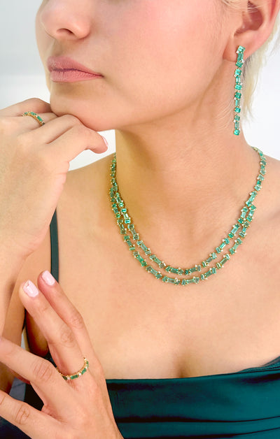 Green emerald bead necklace styled with strapless green dress – sophisticated jewelry by Tresor Collection