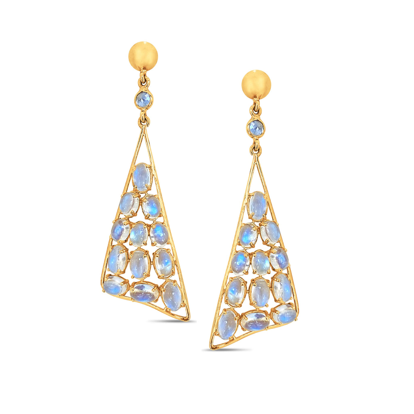 18K Yellow Gold Rainbow Moonstone & Diamond Earrings by Tresor Collection 18K gold geometric earrings with blue gemstones flatlay – handcrafted fine jewelry by Tresor Collection