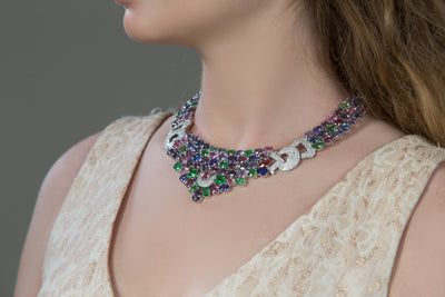 Multicolor Spinal, Tanzanite, Tsavorite And Diamond Necklace In 18K White Gold