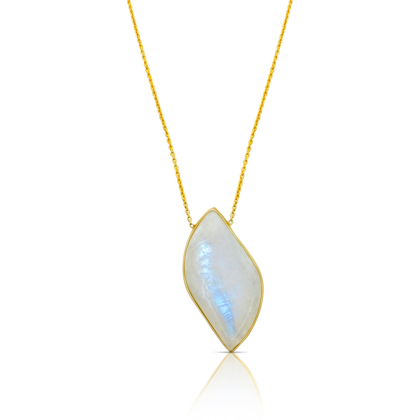 18K Yellow Gold Rainbow Moonstone Necklace by Tresor Collection 18K gold marquise-cut moonstone pendant necklace flatlay – handcrafted fine jewelry by Tresor Collection