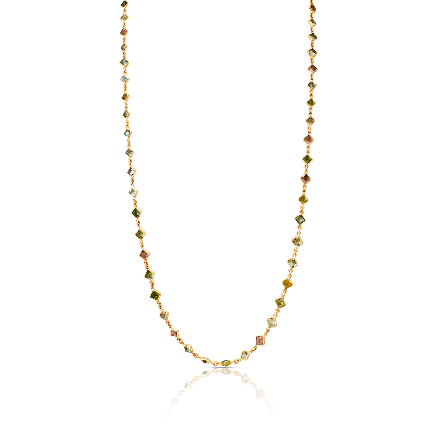 Multicolor Stone Princess Cut Link to Link Necklace In 18K Yellow Gold