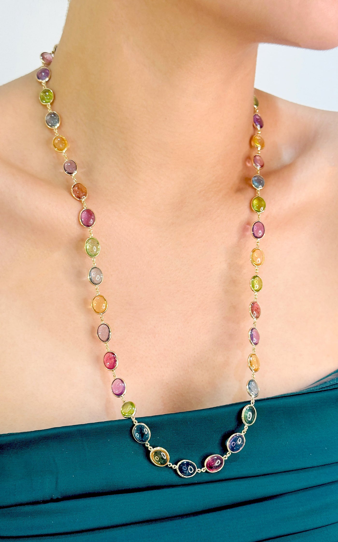 18K yellow gold multicolor gemstone station necklace