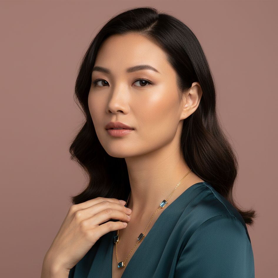 Woman wearing a necklace against a brown background Model wearing Blue Topaz station necklace – sophisticated high-end jewelry look
