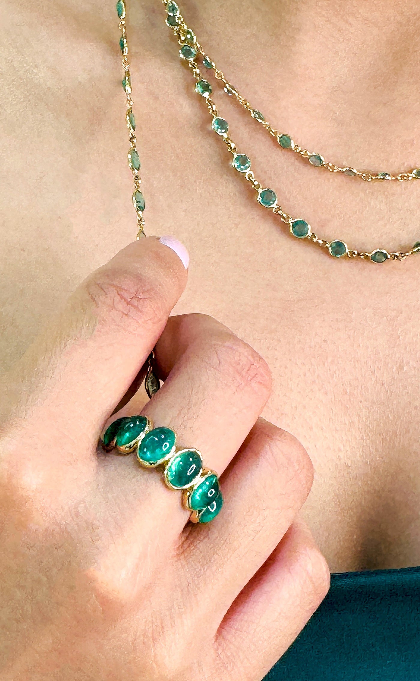 Gemstone Oval Ring In 18K Yellow  Gold - Tresor Collection Detailed shot of green emerald necklace – highlighting the individual emerald stones in their gold setting.