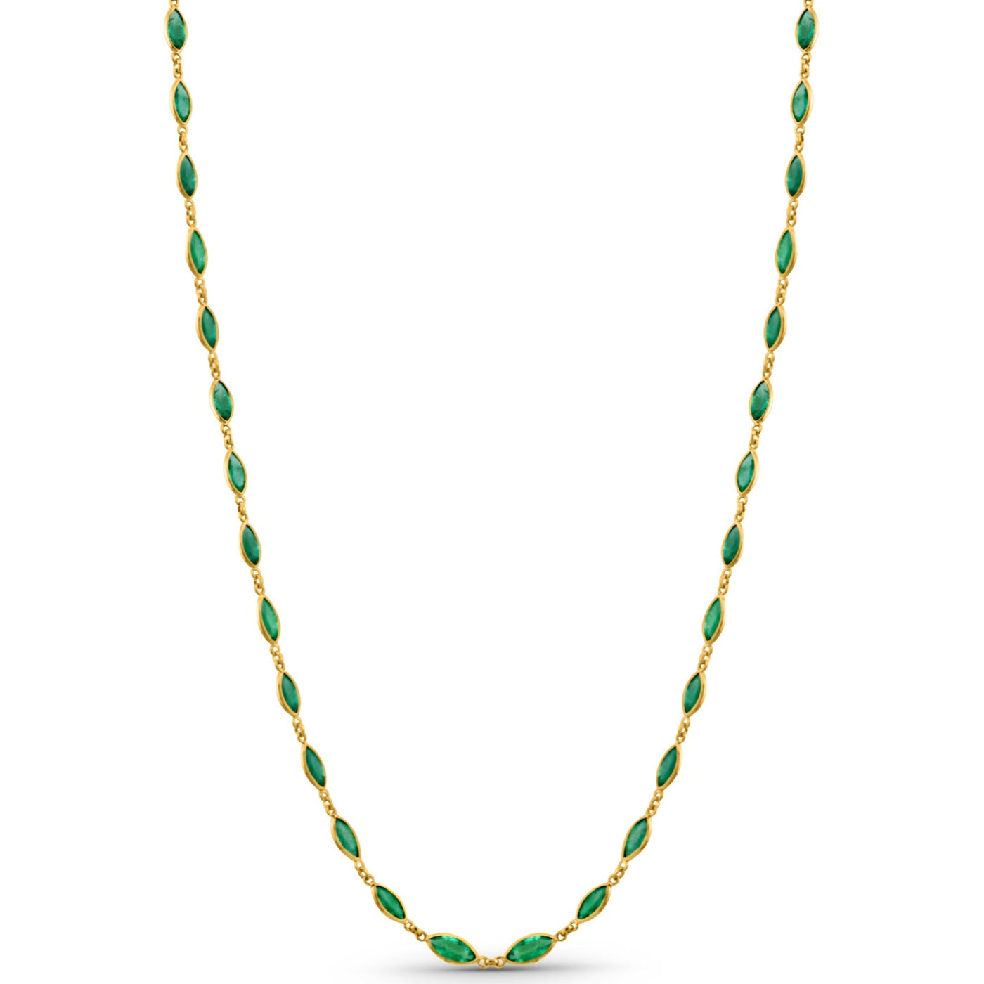 18K gold emerald marquise statement necklace – luxury Green emerald necklace front view – showcasing the elegant design with vibrant green emerald stones.