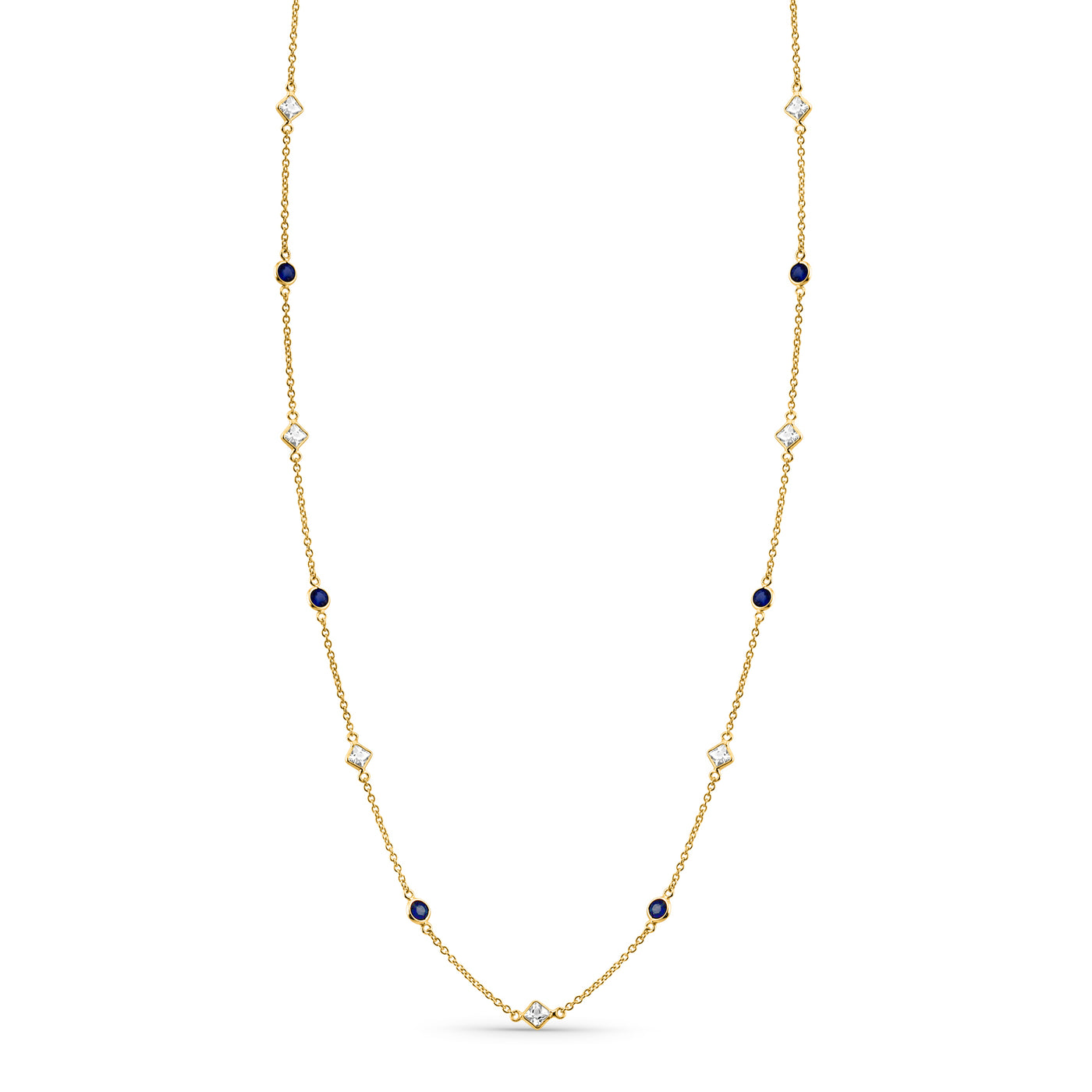 White Sapphire Square & Blue Sapphire Round Necklace In 18K Yellow Gold