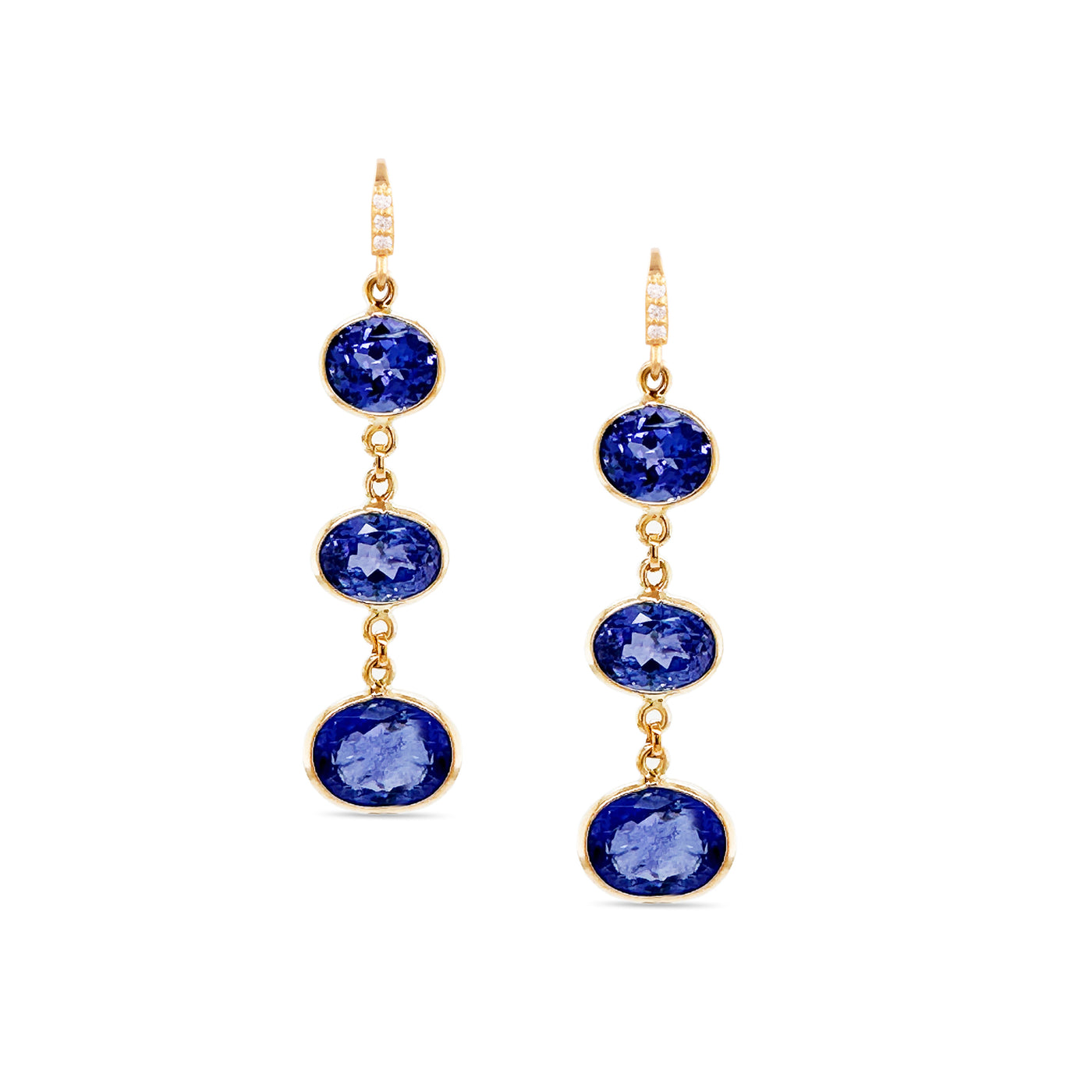 18K Gold Tanzanite & Diamond Earrings – Fin Collection 18K gold Tanzanite drop earrings flatlay – elegant handcrafted jewelry by Tresor Collection