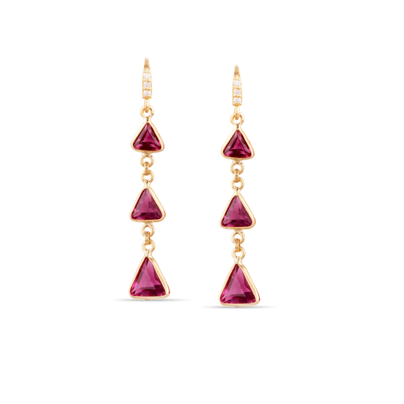 Pink Tourmaline Triangle Earring In 18K Yellow Gold