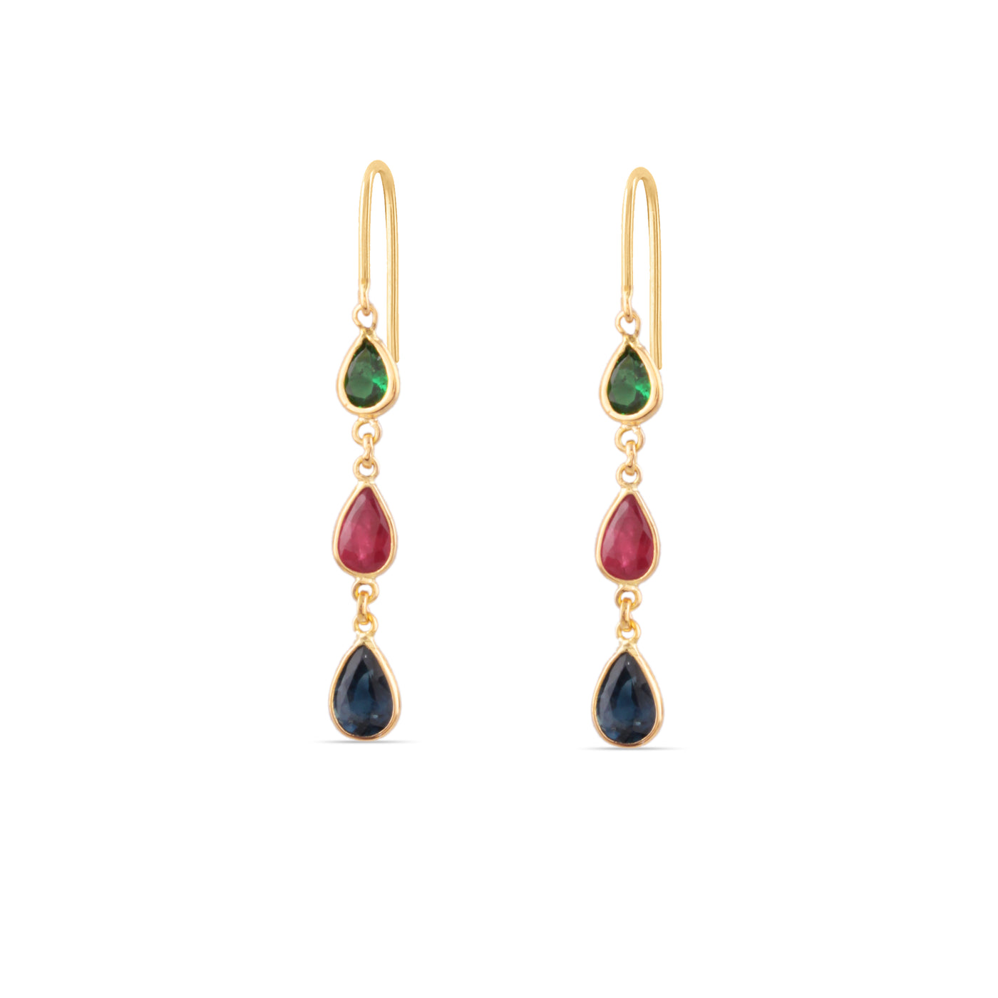 Emerald, Ruby & Blue Sapphire Pear Shape Earring In 18K Yellow Gold