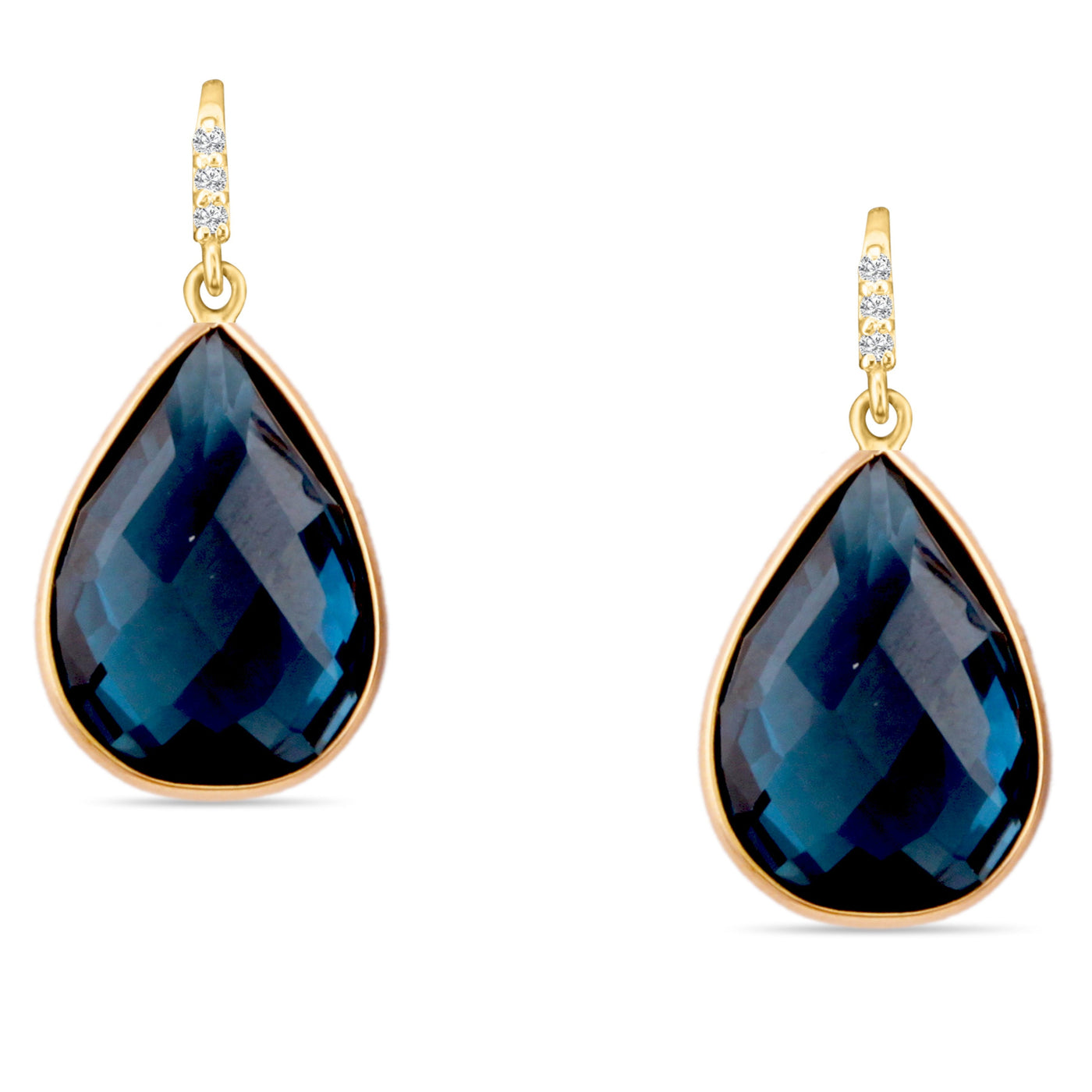 London Blue Topaz Pear Shape with Diamond Wire Back Earrings In 18K Yellow Gold