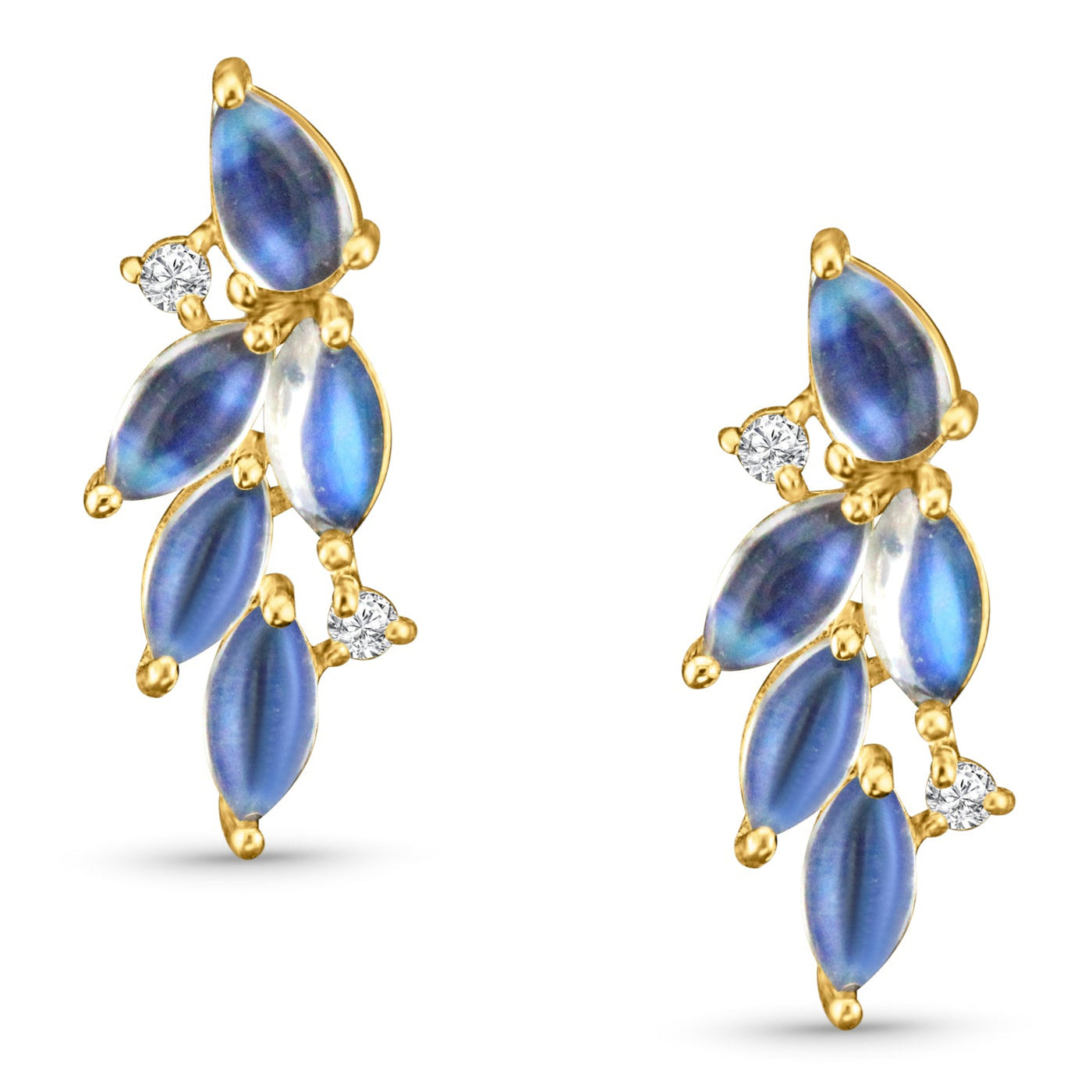 Rainbow Moonstone Pear Shape Earring In 18K Yellow Gold - Tresor Collection Close-up detail of 18K gold Rainbow Moonstone earrings – perfect for adding luxury to any ensemble.