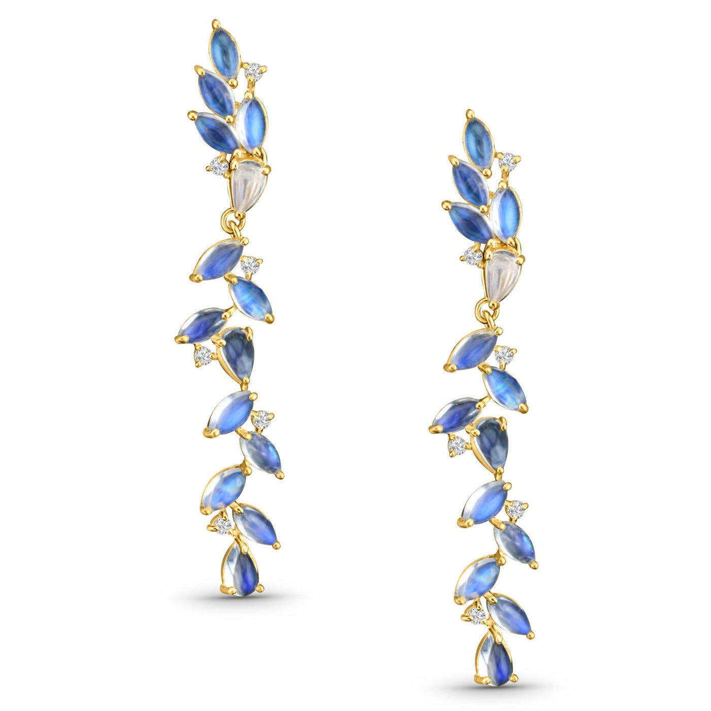 18K gold Rainbow Moonstone earrings flatlay – luxury handcrafted jewelry with marquise-cut gemstones.