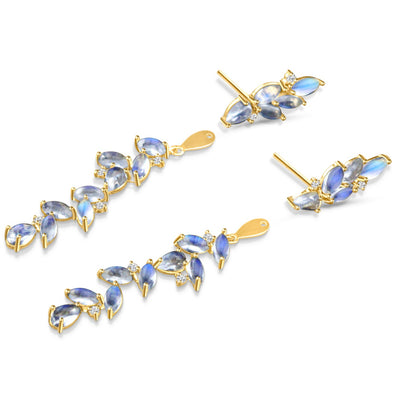 18K gold Rainbow Moonstone earrings side view – highlighting the luxurious marquise-cut gemstones.
