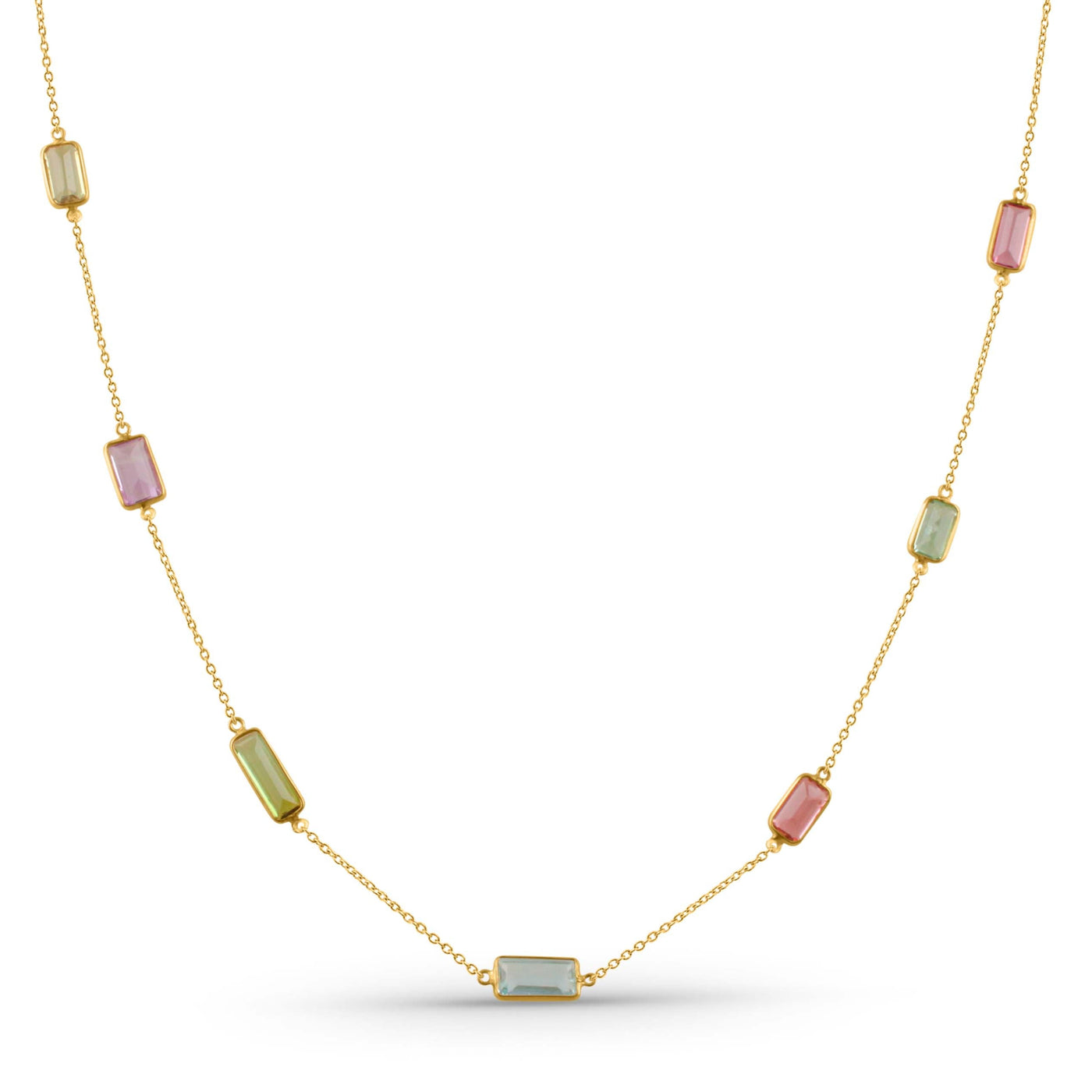 Multicolor Stone Rectangle Necklace With 18 Kt Gold
