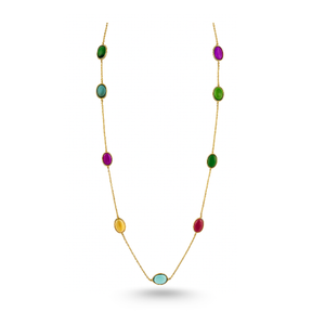 Necklace with multicolored gemstones on a white background 18K gold multicolor gemstone necklace flatlay – luxury fine jewelry by Tresor Collection