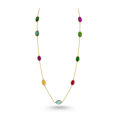 Necklace with multicolored gemstones on a white background 18K gold multicolor gemstone necklace flatlay – luxury fine jewelry by Tresor Collection