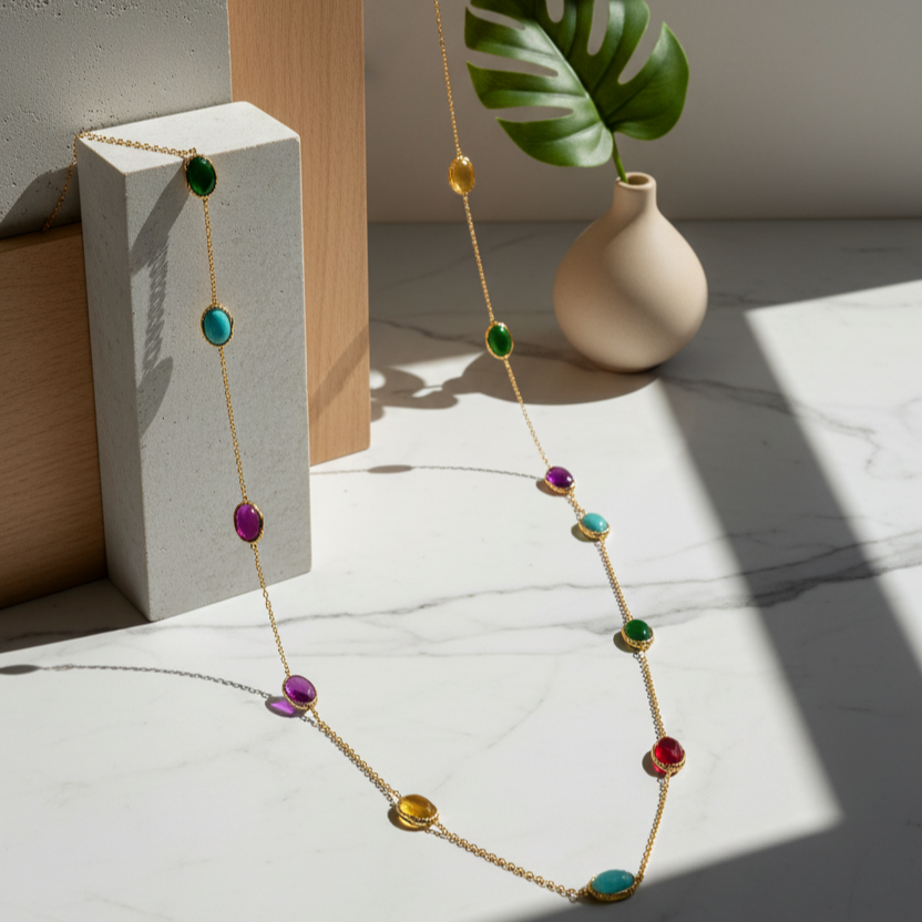 Colorful necklace on a white surface with a vase and leaf in the background Close-up of 18K gold multicolor gemstone necklace – handcrafted fine jewelry from Tresor Collection boutique