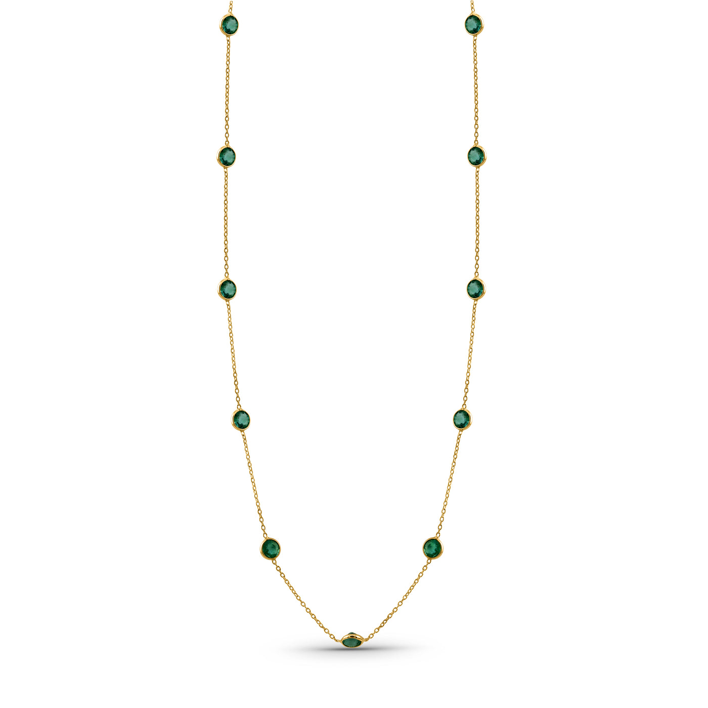 Elegant 18k yellow gold gemstone necklace from the Fin Collection, displayed on white background" Close-up of 18K gold ruby, emerald, sapphire & turquoise necklace – handcrafted fine jewelry from Tresor Collection