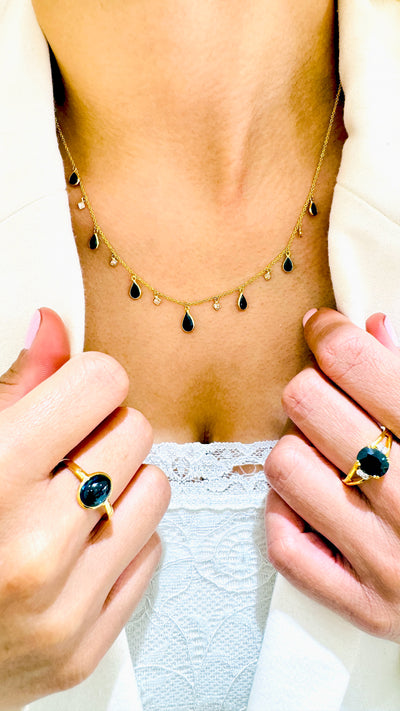 Blue Sapphire ring styled with matching necklace – coordinated luxury gemstone jewelry set