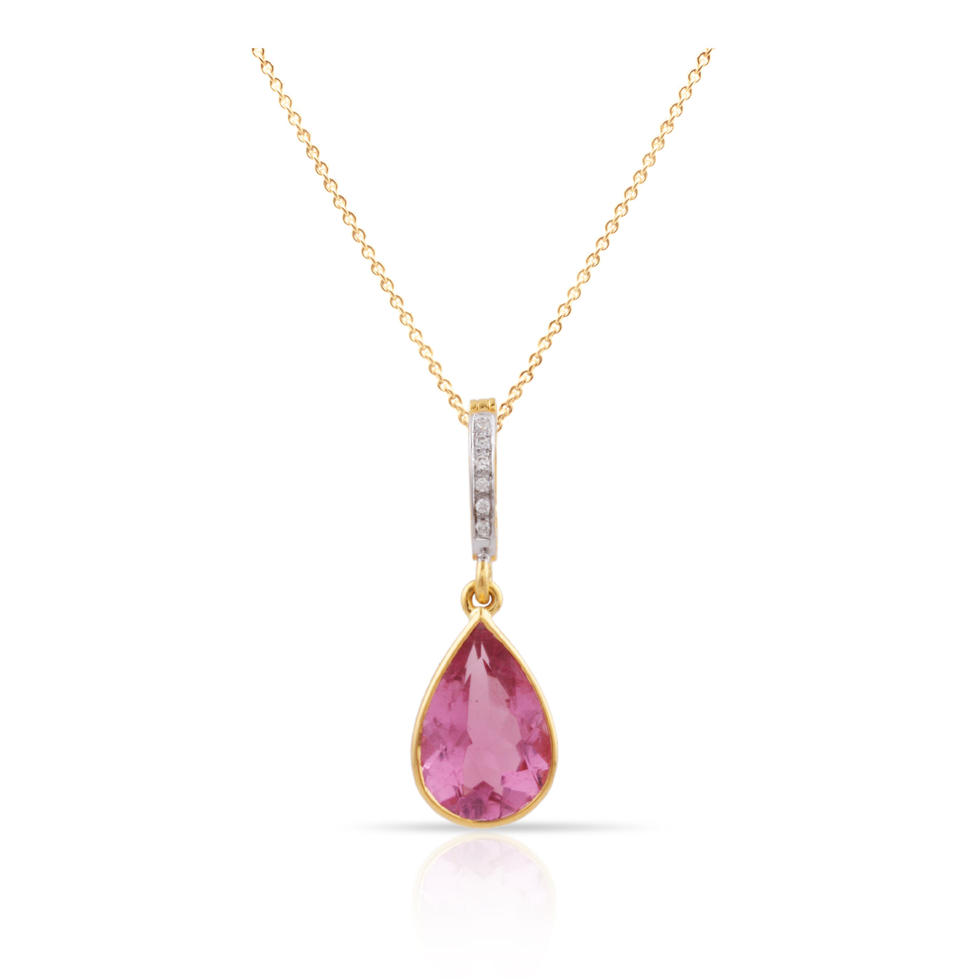 Pink Tourmaline Pear Shape & Diamond Pendant In 18K Yellow Gold