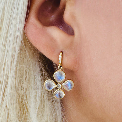 Rainbow Moonstone Tabiz Shape & Diamond Earring In 18K Yellow Gold - Tresor Collection Blue sapphire clover-shaped earrings in gold worn on ear – elegant fine jewelry design