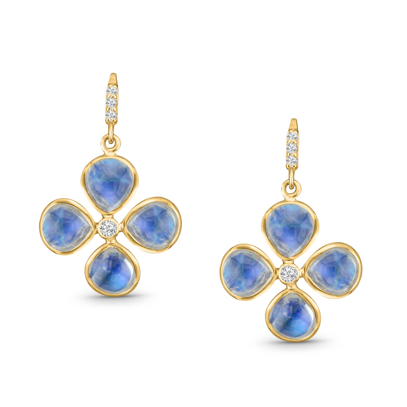 18K Gold Rainbow Moonstone & Diamond Tabiz Earrings – Flora Collection 18K gold clover earrings with blue sapphires and diamonds flatlay – handcrafted luxury jewelry by Tresor Collection
