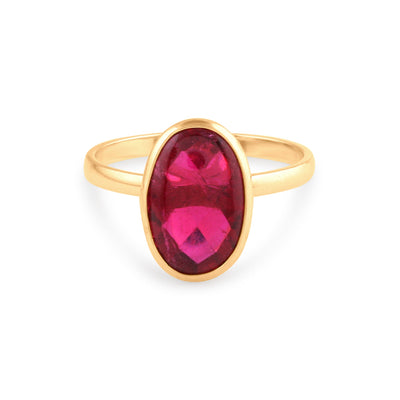 18K Gold Pink Tourmaline Oval Ring – Flora Collection 18K gold pink tourmaline ring flatlay – handcrafted gemstone jewelry by Tresor Collection