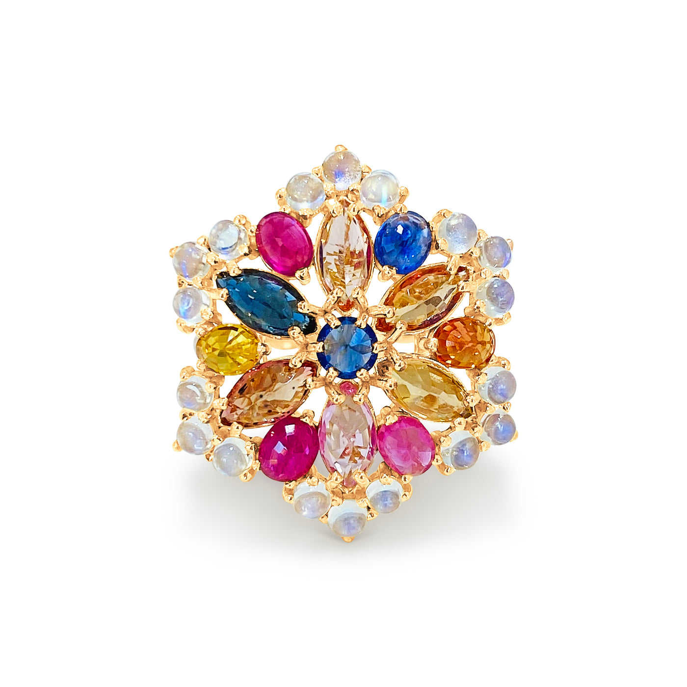 Multishape Multicolor Gemstone Ring In 18K Yellow Gold - Tresor Collection Top view of vibrant sapphire, ruby, and moonstone cluster ring – luxury gold statement jewelry