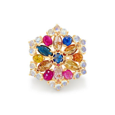 Multishape Multicolor Gemstone Ring In 18K Yellow Gold - Tresor Collection Top view of vibrant sapphire, ruby, and moonstone cluster ring – luxury gold statement jewelry