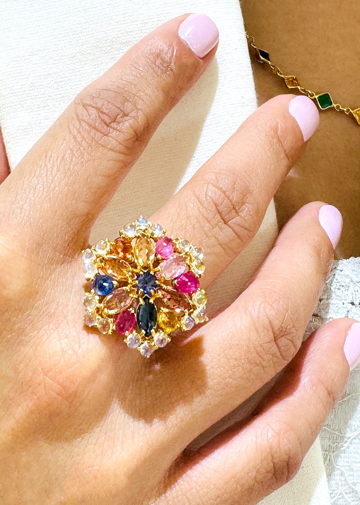 Multishape Multicolor Gemstone Ring In 18K Yellow Gold - Tresor Collection Multicolor sapphire, ruby, and moonstone cluster ring worn on hand – elegant handcrafted statement jewelry