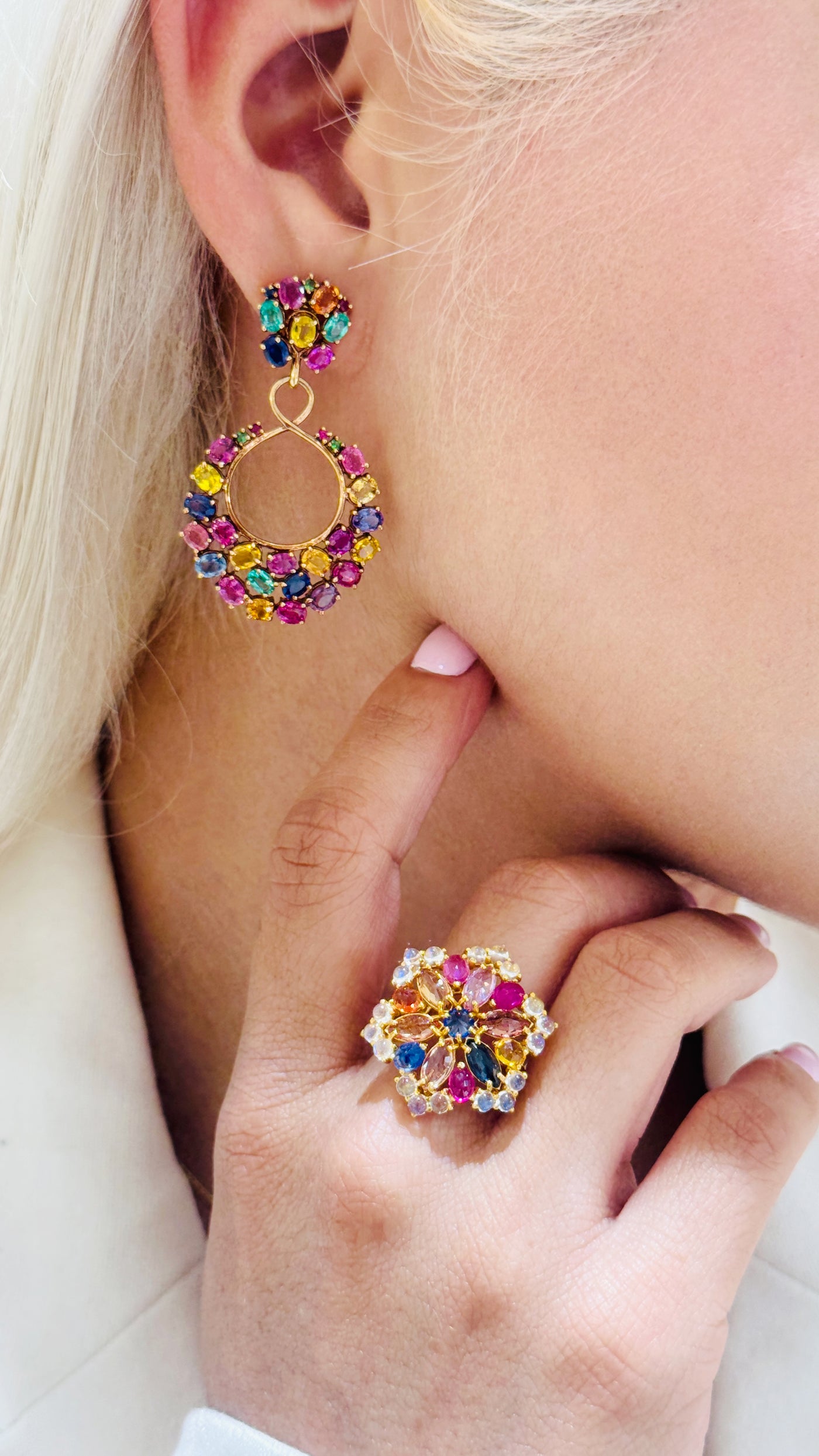 Multishape Multicolor Gemstone Ring In 18K Yellow Gold - Tresor Collection Model wearing multicolor sapphire, ruby, and moonstone cluster ring – luxury handcrafted gold jewelry by Tresor Collection