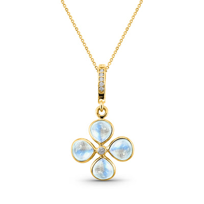 18K Gold Rainbow Moonstone & Diamond Pendant – Tresor Collection 18K gold Rainbow Moonstone pendant necklace flatlay – elegant handcrafted jewelry by Tresor Collection