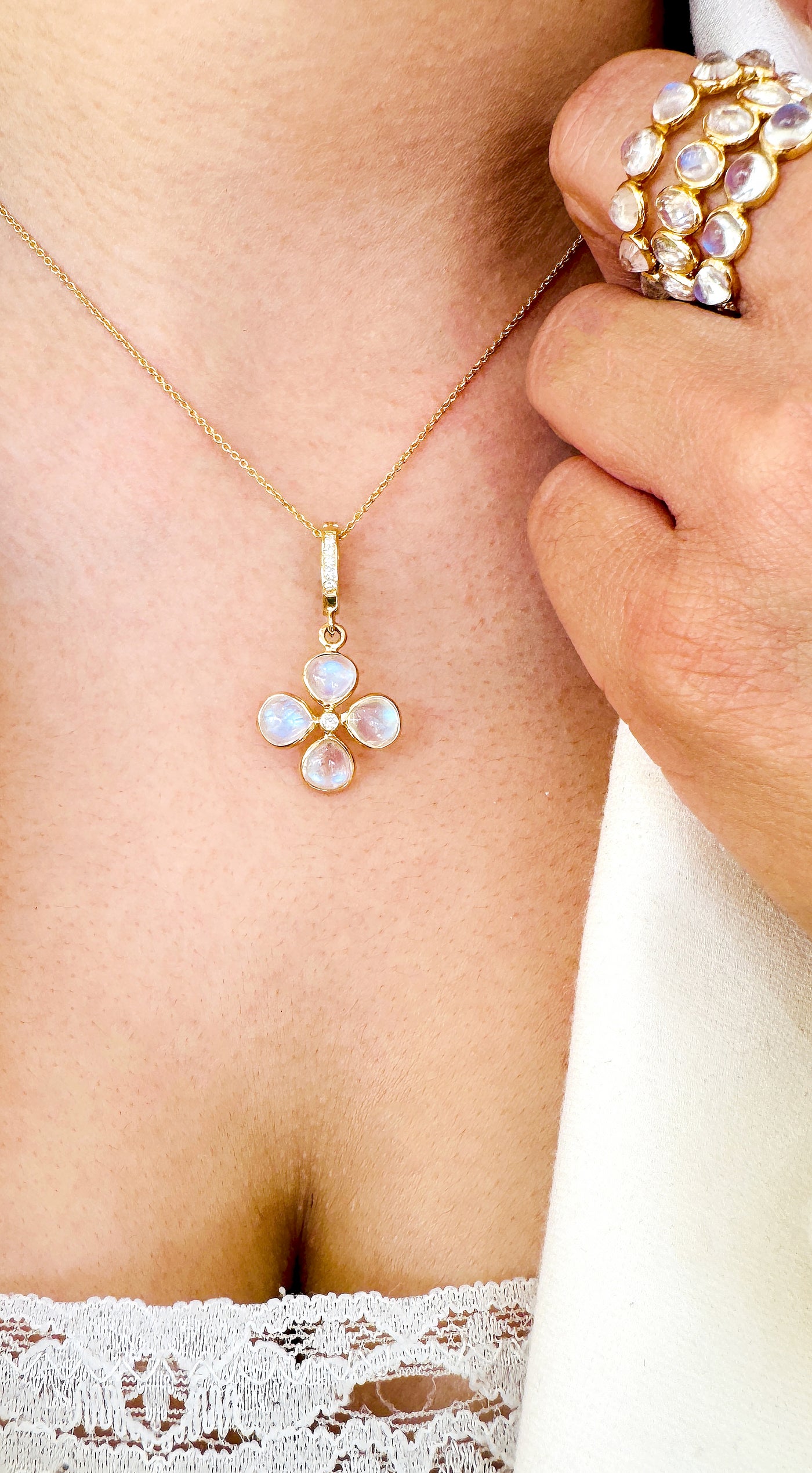 Rainbow Moonstone & Diamond Four Leaf Clover Pendant In 18K Yellow Gold - Tresor Collection FL241008RM-model-necklace-with-ring.jpg
