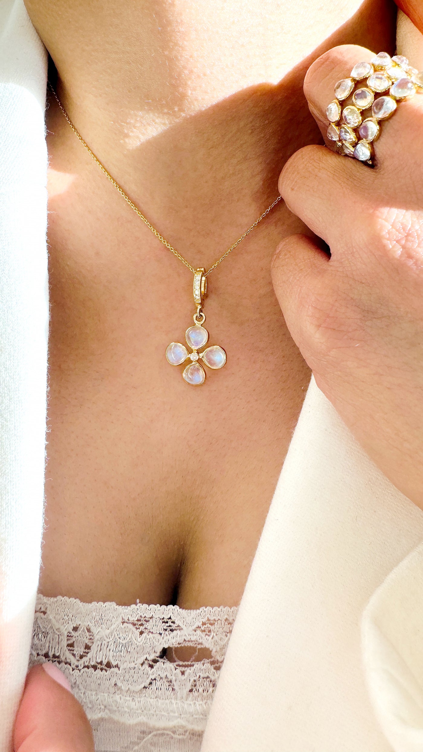 Rainbow Moonstone & Diamond Four Leaf Clover Pendant In 18K Yellow Gold - Tresor Collection Model highlighting 18K gold Rainbow Moonstone pendant – refined gemstone jewelry design