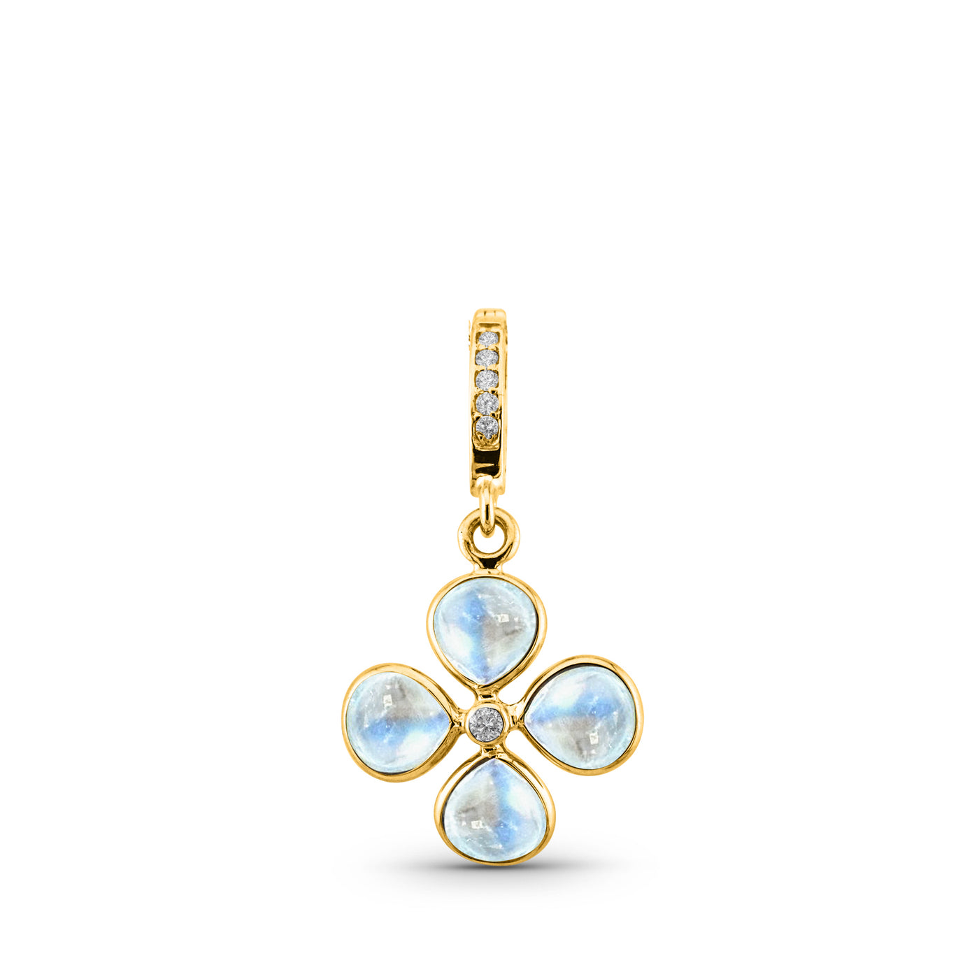 Rainbow Moonstone & Diamond Four Leaf Clover Pendant In 18K Yellow Gold