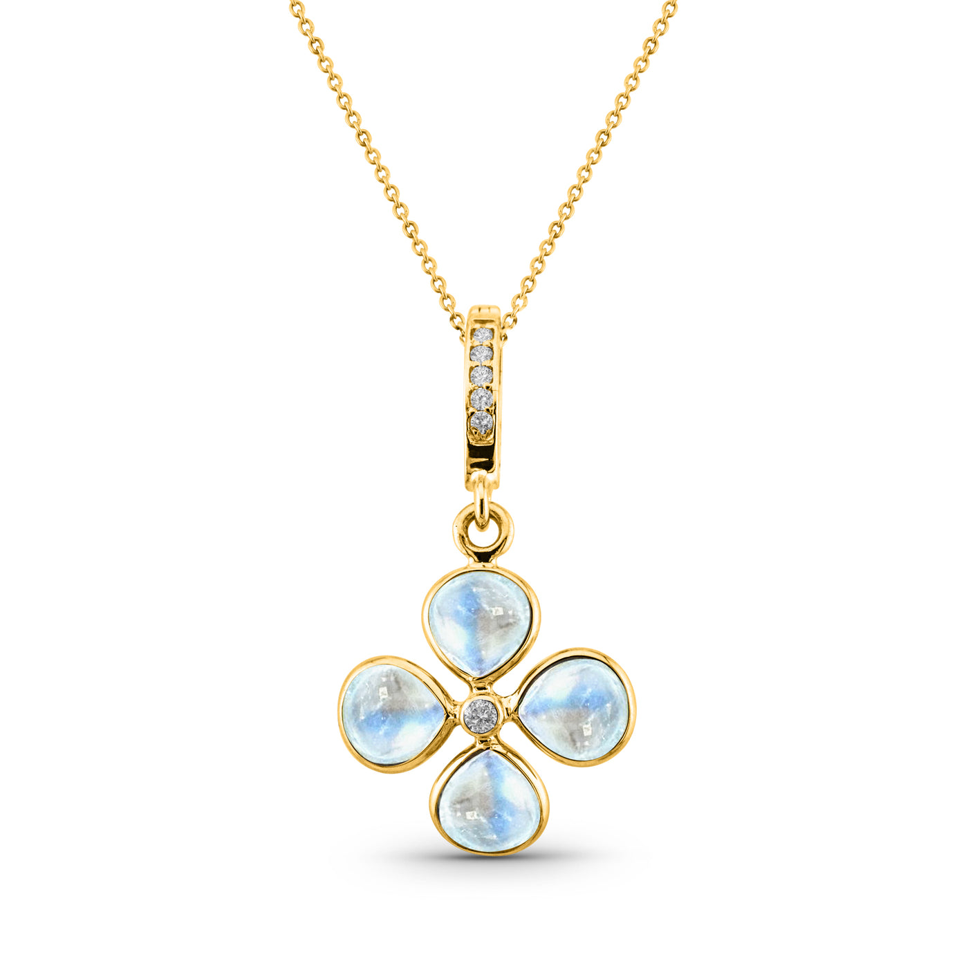 Rainbow Moonstone & Diamond Four Leaf Clover Pendant In 18K Yellow Gold