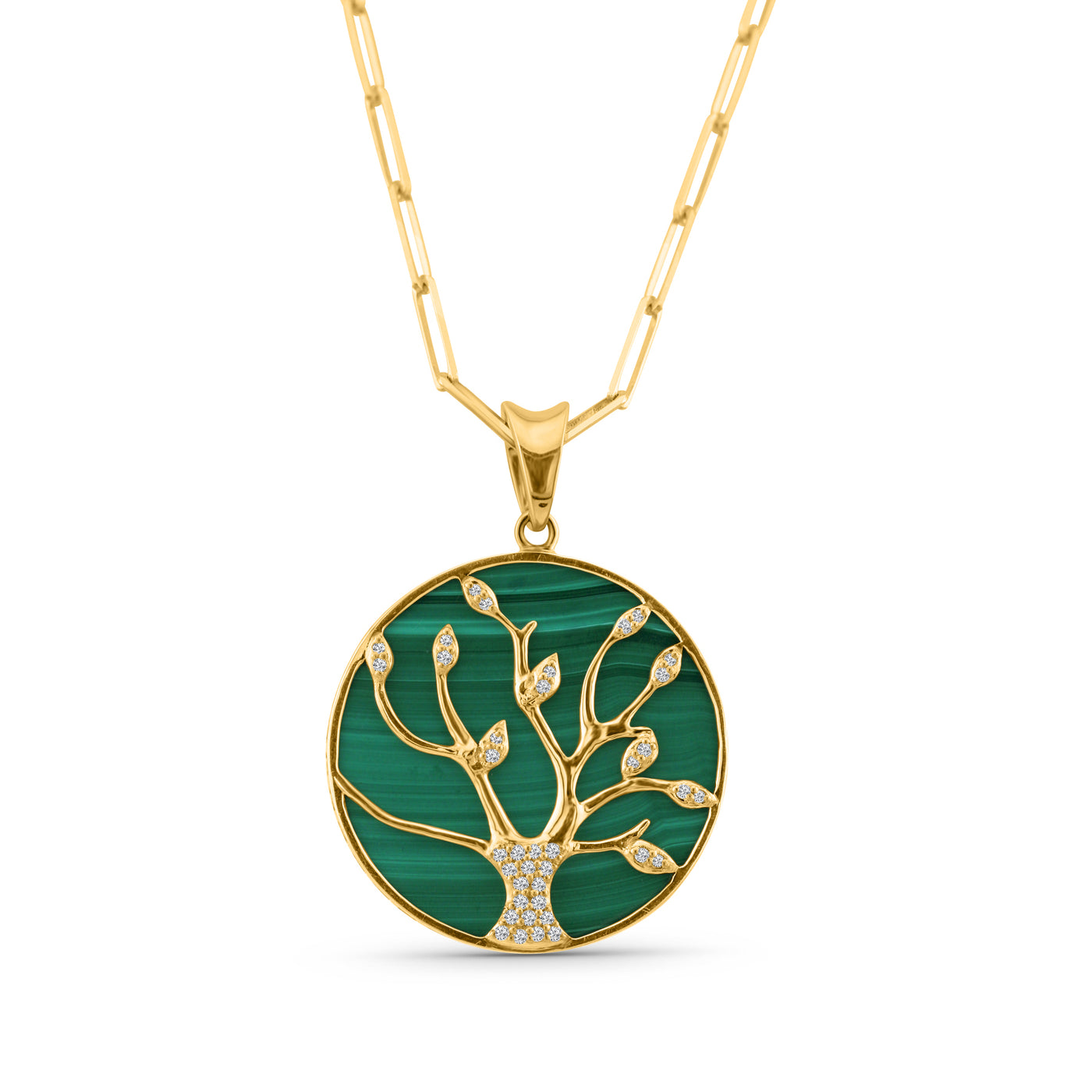 Malachite Round & Diamond Pendant In 18K Yellow Gold