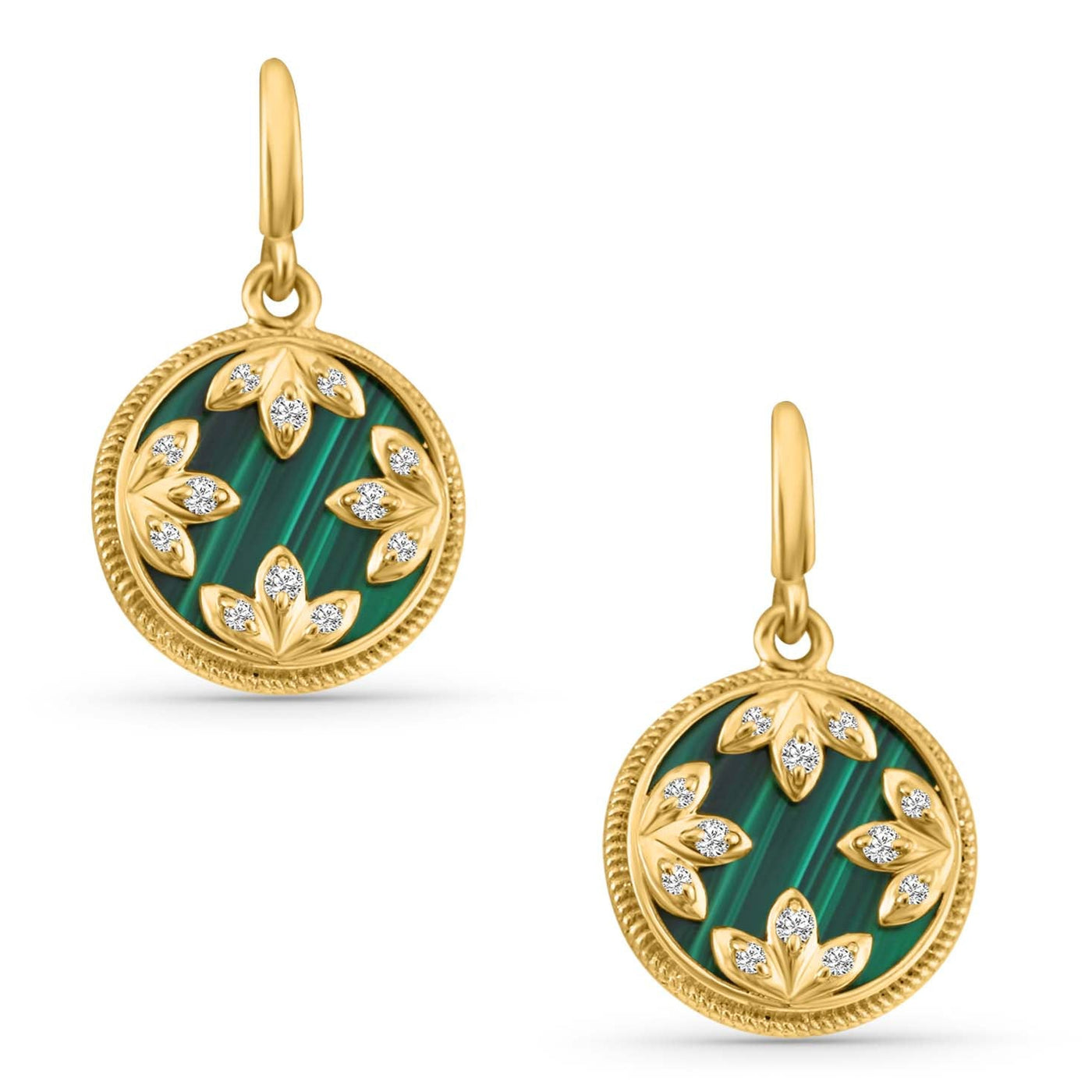 Malachite Round & Diamond Earring In 18K Yellow Gold