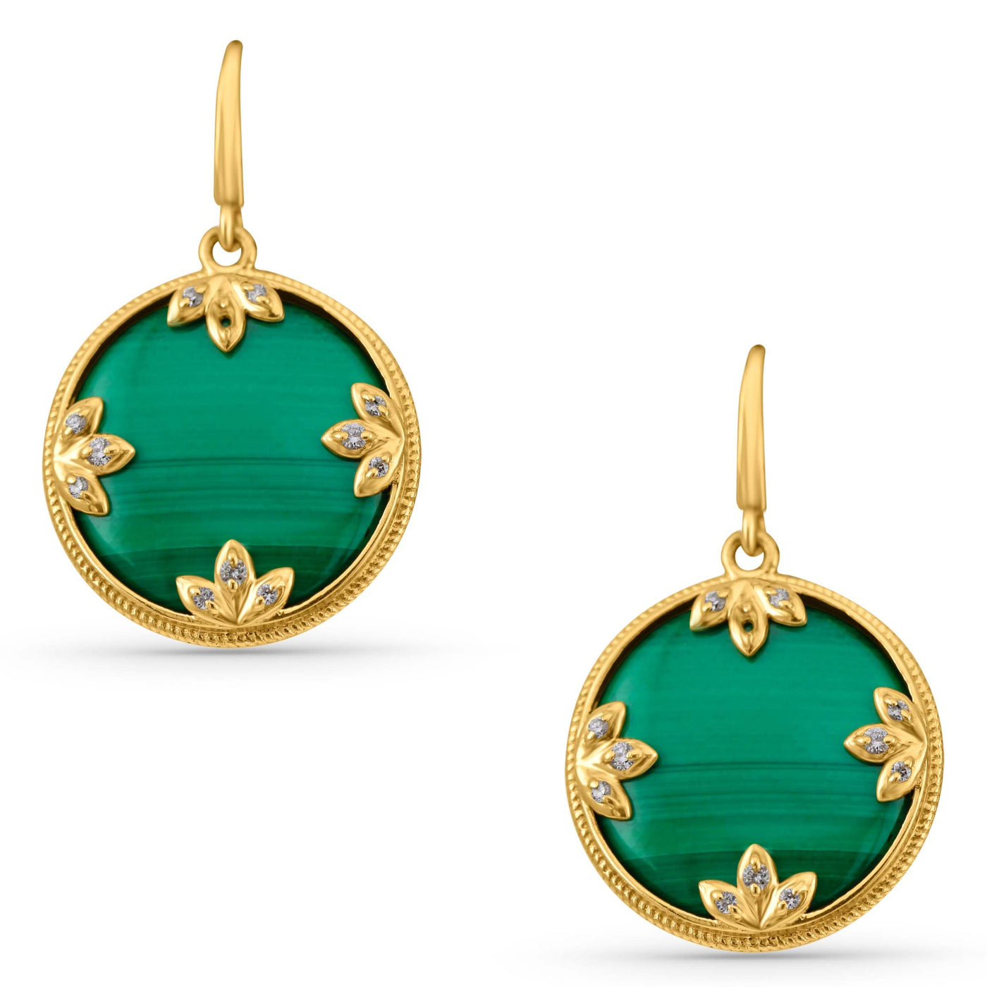 Malachite Round & Diamond Earring In 18K Yellow Gold