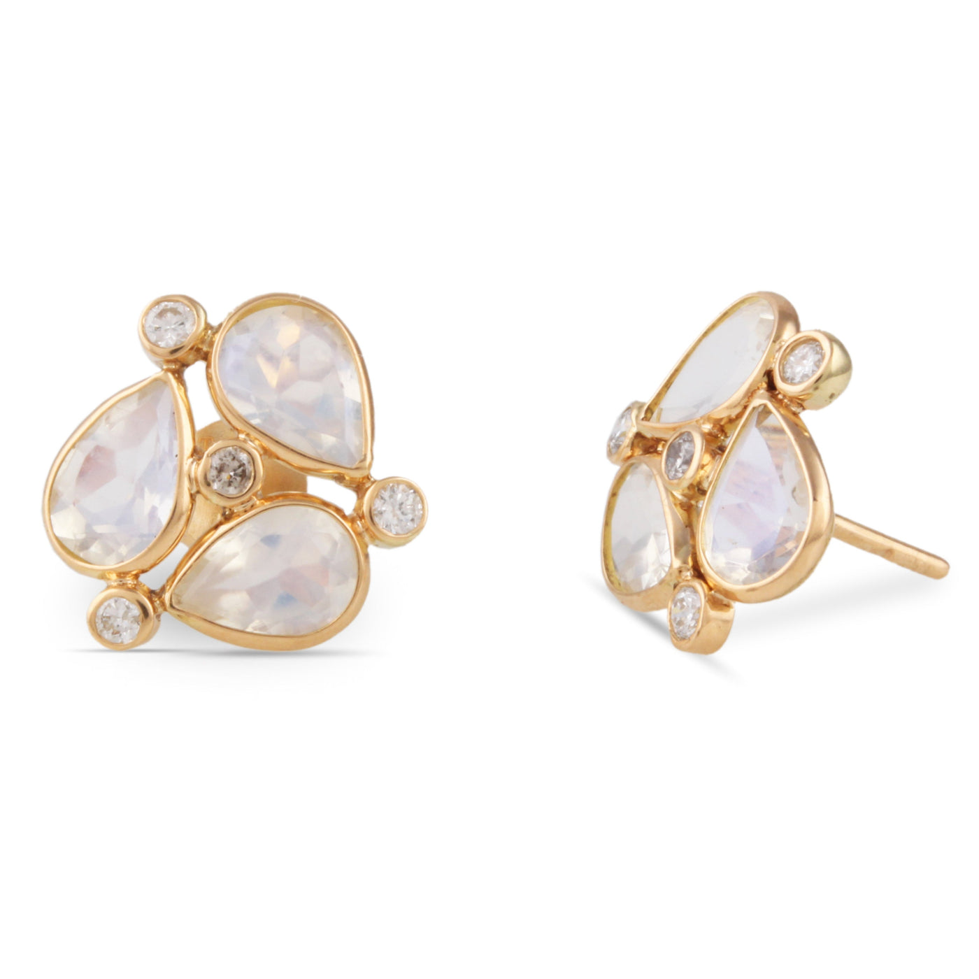 18K Gold Rainbow Moonstone & Diamond Earrings – Flora Collection 18K gold Rainbow Moonstone stud earrings flatlay – elegant handcrafted gemstone jewelry by Tresor Collection