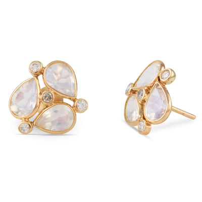 18K Gold Rainbow Moonstone & Diamond Earrings – Flora Collection 18K gold Rainbow Moonstone stud earrings flatlay – elegant handcrafted gemstone jewelry by Tresor Collection