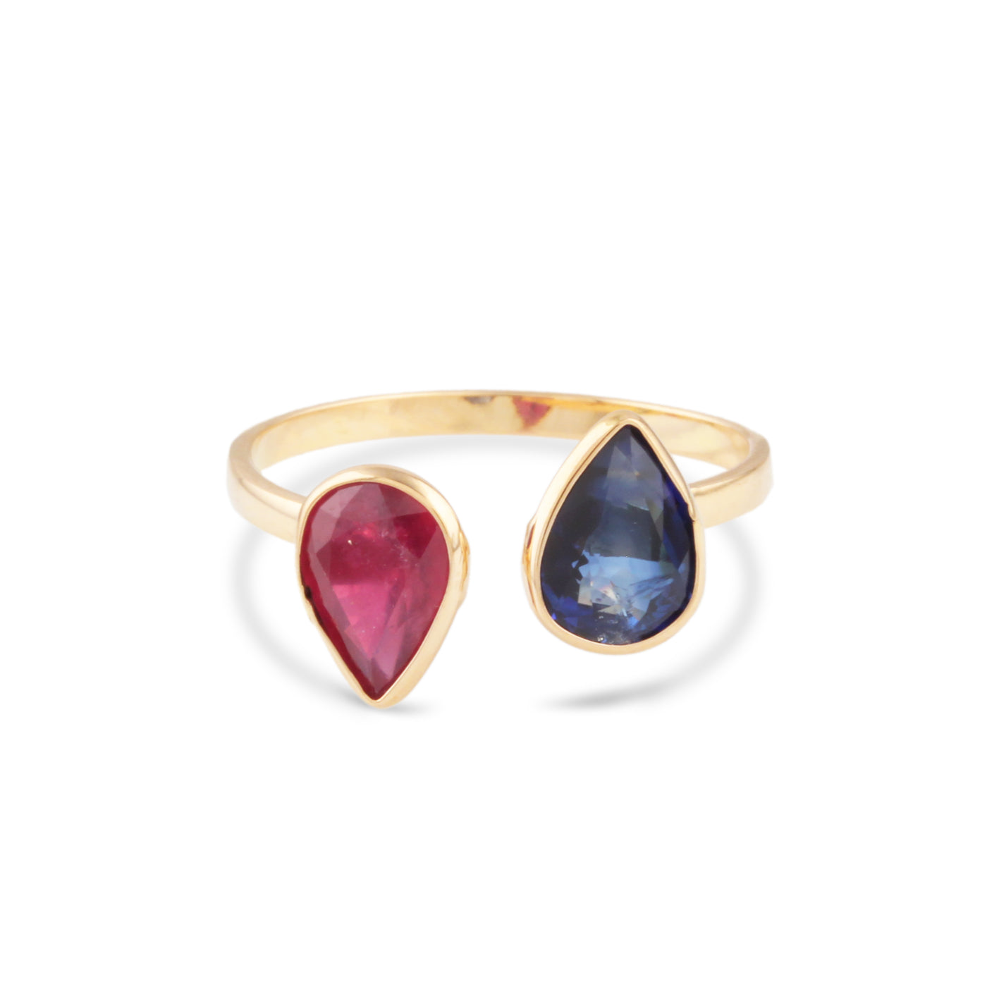 Tanzanite & Ruby Pear shape Ring In 18K Yellow Gold