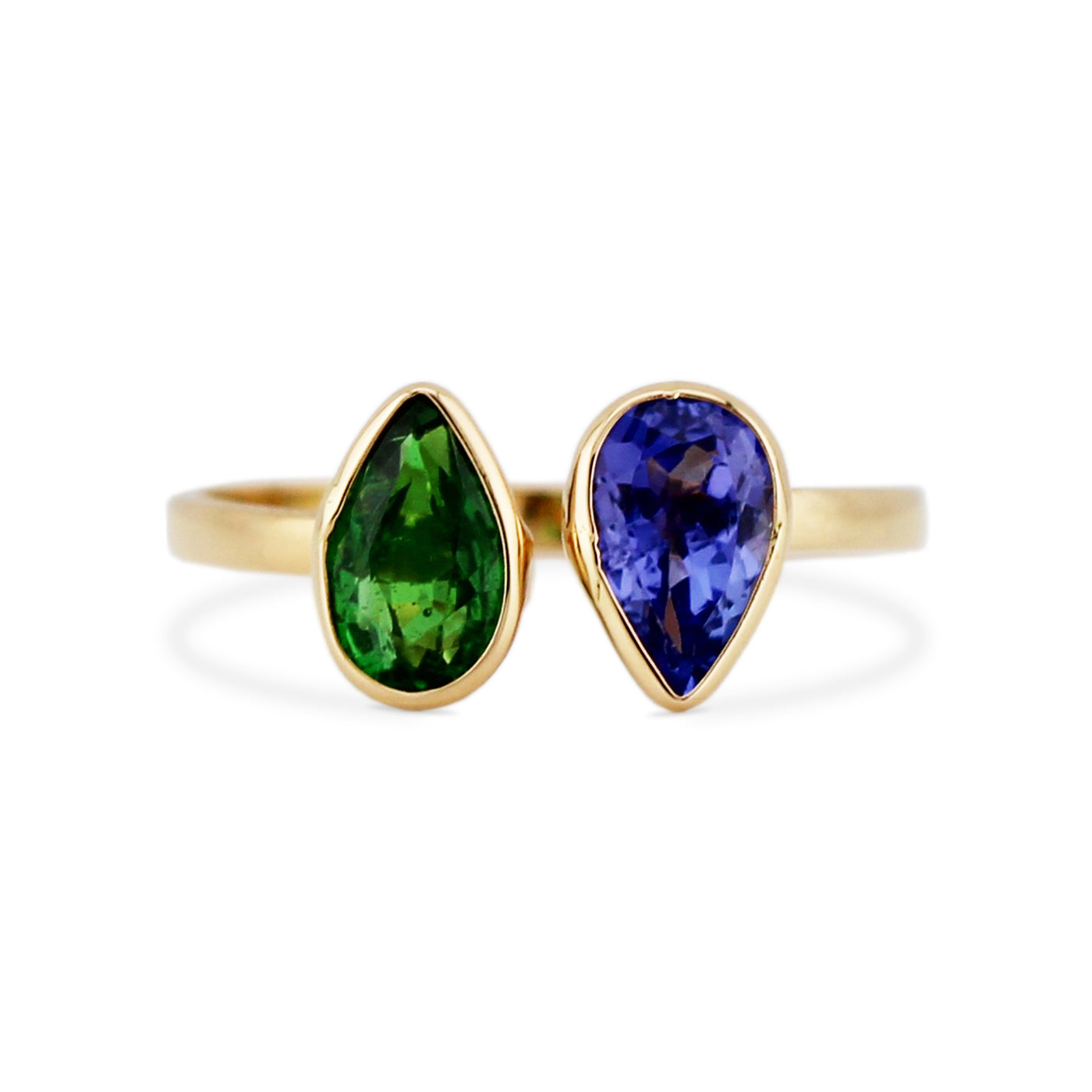 Tanzanite & Emerald Pear Shape Ring In 18K Yellow Gold