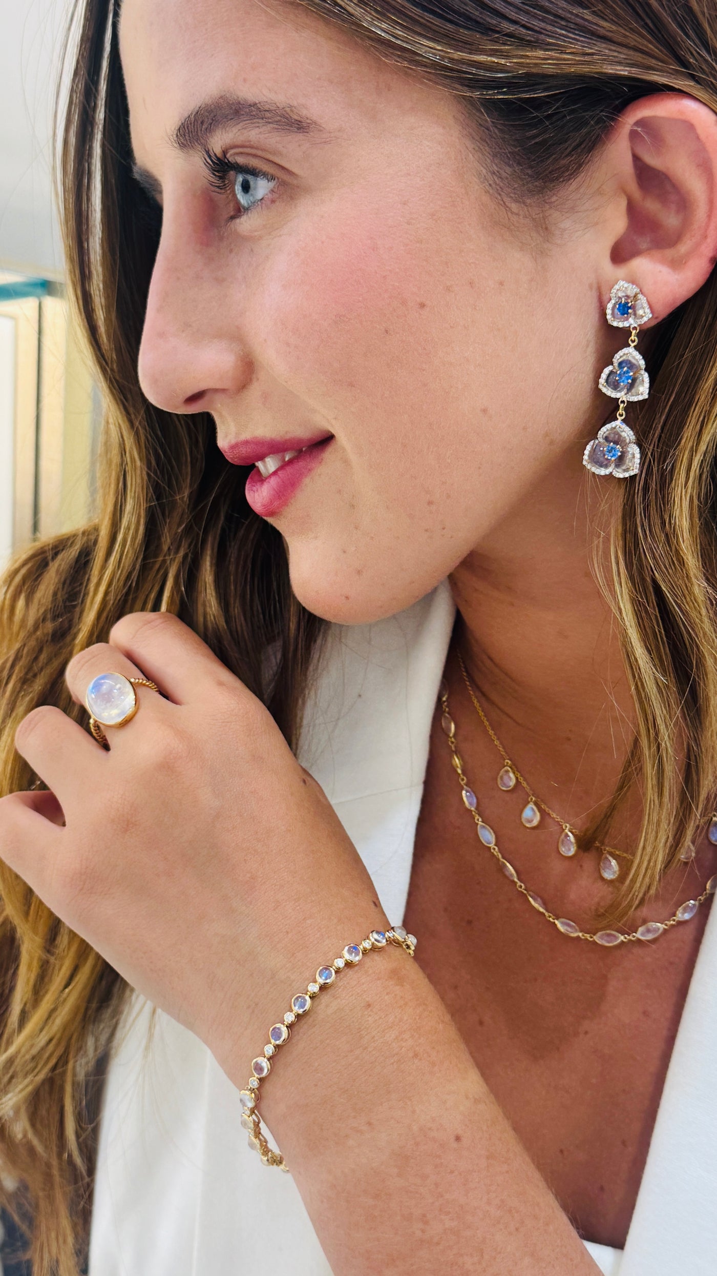 Blue Sapphire Round, Rainbow Moonstone Tabiz Shape And Diamond Earring In 18K Yellow Gold